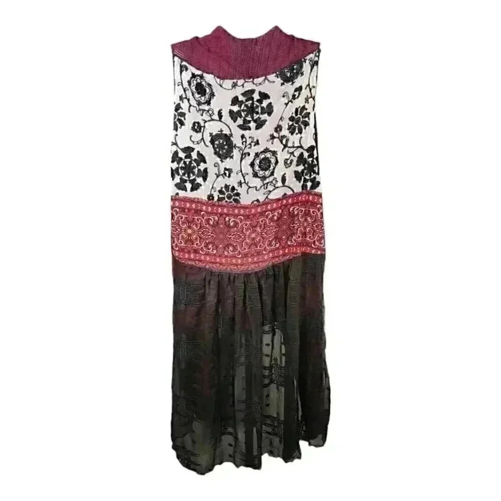 John Mark Duster Cardigan Burbundy Small open Front Embroidered Back Sleeveless